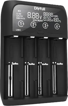 4 Way Universal Fast Battery Charger with LCD This intelligent charger has four independent charging slots to charge any combination of Ni-MH, Ni-Cd, Li-ion, or LiFePO4 cells at the same time.
