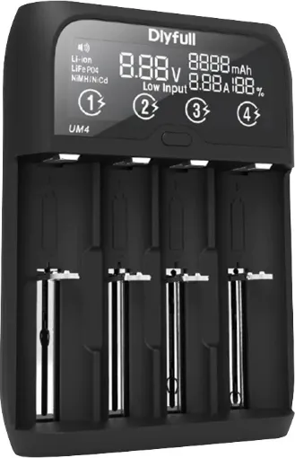 This intelligent charger has four independent charging slots to charge any combination of Ni-MH, Ni-Cd, Li-ion, or LiFePO4 cells at the same time. 