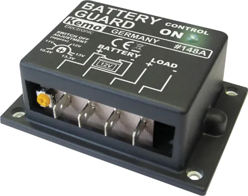 This battery saver protects your 12V car battery from discharge by disconnecting loads to prevent voltage dropping below a preset limit (10.4 to 13.3V). The module automatically reconnects the loads once the battery recharges, typically 0.8V above cut-off
