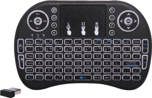 This compact backlit media centre keyboard is the perfect companion for your media streaming box, Raspberry Pi, game console or home theatre PC. Includes trackpad and media control buttons. Includes USB rechargable lithium battery. 147x98x19mm.