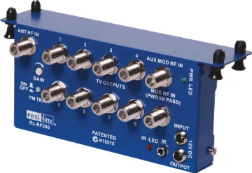 RF380 Video I/R Hub 3 Input, 8 Output Distribute multiple AV signals to multiple TV screens. These multi-channel modulators and associated accessories allow the distribution of stereo audio/video signals from a variety of sources.