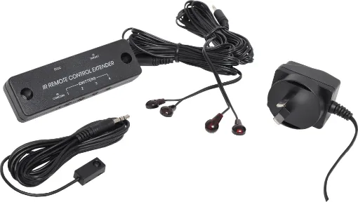 Includes hub, one infra red target and two dual infra red emitters and power supply. 