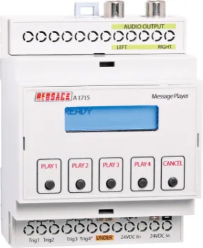 DIN Rail MP3/SD Message Player The A 1715 is an MP3 based message player, housed in a convenient DIN rail housing. It has four independent contacts for remote triggering
of the four available MP3 audio files.