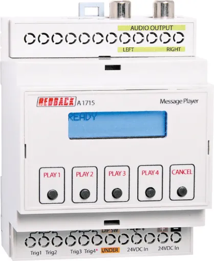 The A 1715 is an MP3 based message player, housed in a convenient DIN rail housing. It has four independent contacts for remote triggering
of the four available MP3 audio files.