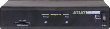 MP3/SD Random Message Player Connects to any RCA input to provide intervalled messages and background music. The included 8GB SD card can be loaded with your choice of background music and custom messages or promotions. Message intervals can be adjusted between 30 seconds and 7.5 minutes.