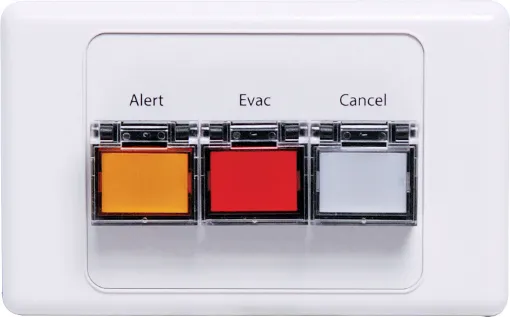 Allows the A 4565 or A 4574 alert/evac unit to be activated remotely. Featuring alert, evacuation and cancel buttons with protective “flip up” covers to prevent accidental operation. Connects to main unit via multi core cable (7 core). 