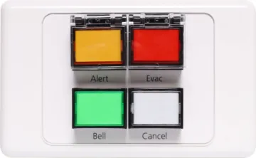 Alert/Evac/Cancel Remote Control Plate Allows the A 4574, A 4500A and A 4565 units to be activated remotely. Featuring alert, evacuation, chime and cancel buttons with protective “flip up” covers to prevent accidental operation.