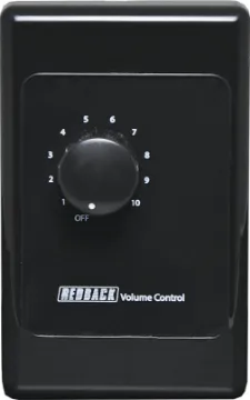 Volume Control 10W 100V Line - Vertical Black New models supplied with two facia covers to suit your decor. 
Designed to control 100V line speaker systems these attenuators are fitted to industry standard wall plates and install into an electrical wall box. They feature 11 position switches