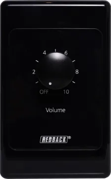 Volume Control 10W 100V Line - Vertical Black New models supplied with two facia covers to suit your decor. 
Designed to control 100V line speaker systems these attenuators are fitted to industry standard wall plates and install into an electrical wall box. They feature 11 position switches
