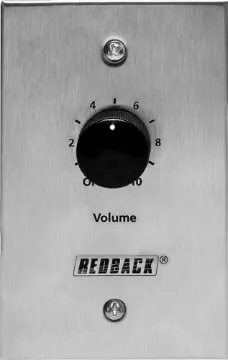Attenuator Volume Control 40W 100V Line - Vert. Stainless Steel A stainless steel version of our popular Redback 40W volume attenuator. Designed to control 100V line speaker systems these attenuators are fitted to industry standard wall plates and install into an electrical wall box.