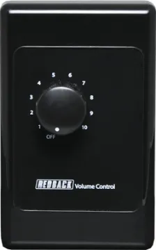Volume Control 40W 100V Line - Vertical Black New models supplied with two facia covers to suit your decor. 
Designed to control 100V line speaker systems these attenuators are fitted to industry standard wall plates and install into an electrical wall box. They feature 11 position switches