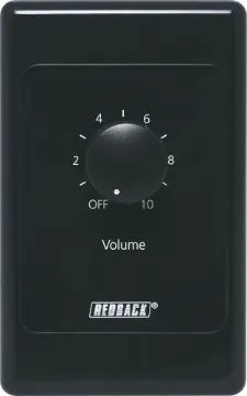 Volume Control 40W 100V Line - Vertical Black New models supplied with two facia covers to suit your decor. 
Designed to control 100V line speaker systems these attenuators are fitted to industry standard wall plates and install into an electrical wall box.