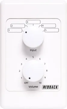 Volume Control 40W 100V Line With 5 Way Input Switching A combination of level control attenuator with 11 positions and 5 way audio source selector.
