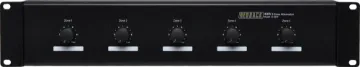 Attenuator Volume Control 5 Zone Evac 40W / 100V Line May be configured to either five single inputs to five outputs or one input to five outputs. Each zone has a 40W and 100W load capacity respectively, with a total panel capacity of 200W and 500W.  Has 11 settings plus 'off'. The input and outputs are conn