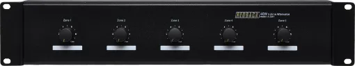 May be configured to either five single inputs to five outputs or one input to five outputs. Each zone has a 40W and 100W load capacity respectively, with a total panel capacity of 200W and 500W.  Has 11 settings plus 'off'. The input and outputs are conn
