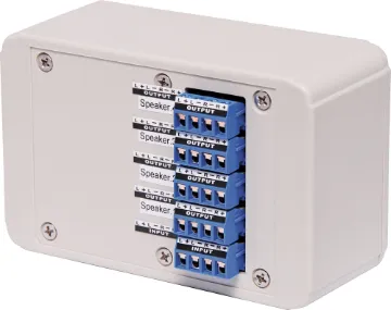 1 In 4 Out 150W Audio Transformer Designed for installations using several pairs of 8Ω speakers connected to one amplifier. Adjustable impedance protection allows multiple pairs of speakers to be connected without overloading the amplifier. Each pair of speakers is wired back indivi