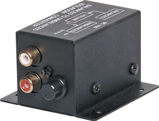 Balanced 600 Ohm 3 pin female XLR to unbalanced 10K Ohm 2 x RCA with level control. +10dB max signal gain. Steps up input signal by factor of 16, ie 20mV in = 320mV out.