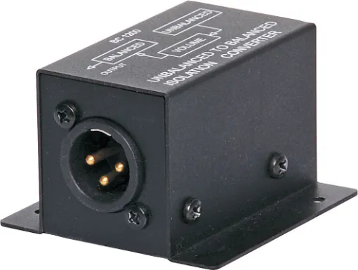 Unbalanced 10K Ohm 2 x RCA to balanced 600 Ohm 3 pin male XLR with level control. -10dB max signal gain. 