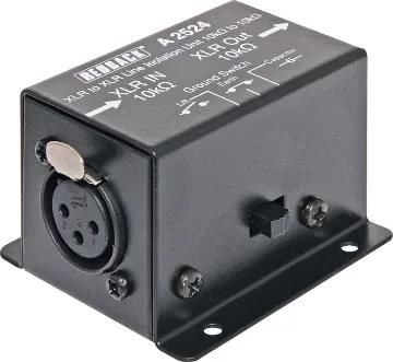 Line Isolation Transformer 10k ohms to 10k ohms XLR Balanced 10kΩ to 10kΩ balanced 3 pin male XLR with earth lift switch.