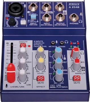 4 Channel Mixer With USB Output & Effects A perfect little mixer companion for your PC/laptop for home recording. Measuring only 124mm wide it takes up very little desk space whilst still offering features found on mixers twice the size - such as fader level control, three band EQ and effects.