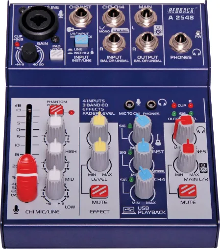 A perfect little mixer companion for your PC/laptop for home recording. Measuring only 124mm wide it takes up very little desk space whilst still offering features found on mixers twice the size - such as fader level control, three band EQ and effects.