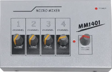 4 Input Microphone Mixer This compact mono mixer allows 4 channels of audio to be mixed via 6.35mm unbalanced connections. It features 4 x 6.35mm unbalanced inputs, 1 x 6.35mm balanced master output, master volume control.
Can be operated by 9V battery or 12V plugpack. Sold se