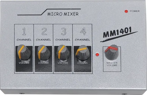 This compact mono mixer allows 4 channels of audio to be mixed via 6.35mm unbalanced connections. It features 4 x 6.35mm unbalanced inputs, 1 x 6.35mm balanced master output, master volume control.

Can be operated by 9V battery or 12V plugpack. Sold se