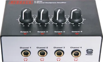 4 Channel Headphone Distribution Amplifier A compact headphone amplifier featuring four individual channels with volume controls. Ideally suited to monitoring in band and stage environments, it can also be used in educational situations such as language labs.  Amplification and individual volume c