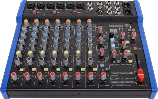 A lightweight and compact USB powered mixer featuring 14 channels. Channels 1 to 6 are XLR/6.35mm combo sockets suitable for both mic and line level signals.