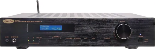 A stylish 2 x 100W (into 4 Ohm) FM stereo receiver with bluetooth audio streaming and a remote control. It features four stereo RCA inputs for CD, DVD, TV and Auxiliary. The large rotary dial controls volume, balance, bass and treble.