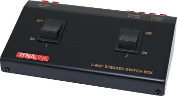 2 Way Switch Box Speaker Suitable for switching multiple sets of speakers on a single amplifier eg: to switch between lounge and patio speakers. Switches two sets of stereo speakers between one amplifier output. One speaker set may be selected or both speaker setsat once.
