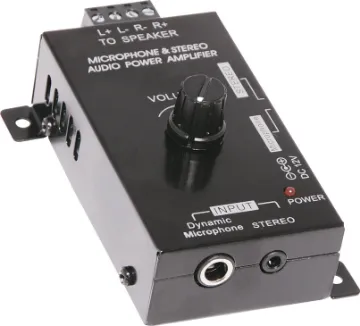 Dual Input 15W Stereo Amplifier This compact amplifier is a great way to power a pair of speakers without the bulk of a full size hi-fi receiver. It provides 2x15W RMS output power - enough to power a pair of small ceiling or bookshelf speakers.