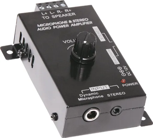 &#65279This compact amplifier is a great way to power a pair of speakers without the bulk of a full size hi-fi receiver. It provides 2x15W RMS&#8200output power - enough to power a pair of small ceiling or bookshelf speakers. 