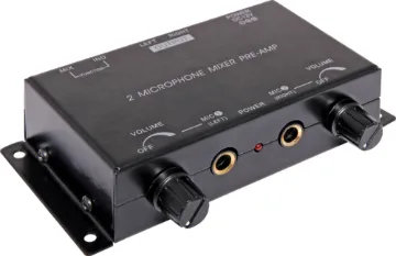 2 Channel Microphone Mixer Pre-Amplifier Dual microphone preamplifiers that can be mixed in stereo or operated separately. Dual inputs, Dual outputs. Includes 12V power supply.