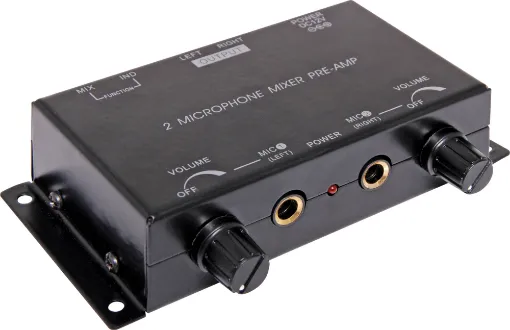 Dual microphone preamplifiers that can be mixed in stereo or operated separately. Dual inputs, Dual outputs. Includes 12V power supply.