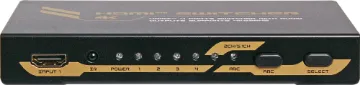 4 Way 4k HDMI Switcher With Audio Extractor And Remote This compact 4-way HDMI switcher features manual & infra-red remote control for switching up to 4 sources to a single display supporting resolutions up to 4K.