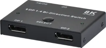 DisplayPort 8K Bi-Directional Switch This bi-directional switch allows two DisplayPort equipped computers to be switched to a single monitor OR a single computer to be switched between two monitors. Easy push button operation for switching between devices.