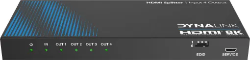 This splitter can distribute one HDMI source signal to any four display devices.