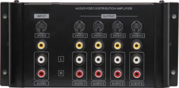 4 Way Composite/S-Video AV Distribution Amp Accepts one stereo audio & composite or S-video signal and distributes it to four outputs. Suitable for domestic or commercial use in showrooms, pubs, clubs, cafes, TABs, etc. Gold RCA connections.