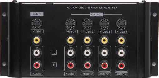 Accepts one stereo audio &amp composite or S-video signal and distributes it to four outputs. Suitable for domestic or commercial use in showrooms, pubs, clubs, cafes, TABs, etc. Gold RCA connections.