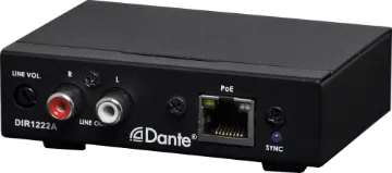 Audio Over IP Dante POE Receiver This device is designed to receive two channels audio signal from the Dante network, and converts to analogue RCA outputs. Simply use Cat5 cable to connect the RJ45 port to an Ethernet switch, and using "Dante controller" to receive the low latency of signal from other devices which already connected on the same Dante network.