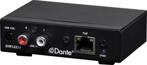 This device is designed to receive two channels audio signal from the Dante network, and converts to analogue RCA outputs. Simply use Cat5 cable to connect the RJ45 port to an Ethernet switch, and using "Dante controller" to receive the low latency of signal from other devices which already connected on the same Dante network. 