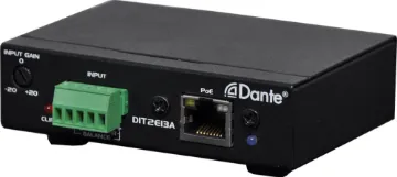 Audio Over IP Dante POE Transmitter This device is designed to provide two channels audio signal to the Dante network by the Euro terminal input. Simply use Cat5 cable to connect the RJ45 port to an Ethernet switch, and using "Dante controller" to route the low latency of signal to other devices which already connected on the same Dante network.