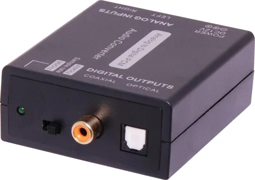Converts an analog audio output (from any standard line level source) into a digital audio signal for connection to a  commercial amplifier or distribution system. Both coaxial and optical (Toslink) input connections are provided.