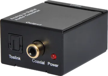 Stereo Audio To Digital Audio Converter Converts an analog audio output (from any standard line level source) into a digital audio signal for connection to a  commercial amplifier or distribution system. Both coaxial and optical (Toslink) input connections are provided.