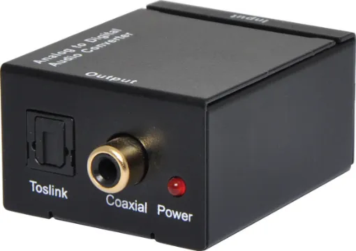 Converts an analog audio output (from any standard line level source) into a digital audio signal for connection to a  commercial amplifier or distribution system. Both coaxial and optical (Toslink) input connections are provided.