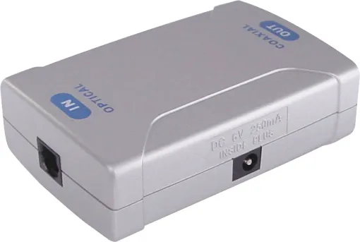 Converts optical toslink audio input to a Coaxial SPDIF Digital audio output.

Requires 6 Volt dc input M 8916 plugpack with M9188 tip.