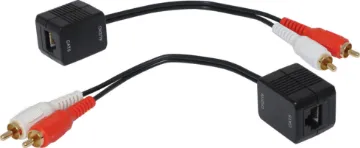 RCA Stereo Audio Cat5e/6 Extenders Supplied as a pair, these handy bi-directional audio extender allow you to send stereo audio signals over long distances using economical UTP cable (Cat5/5e/6). Ideal for connecting an audio source to an amplifier in another room. Maximum distance 75m.