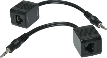 3.5mm Stereo Audio Cat5e/6 Extenders Supplied as a pair, these handy bi-directional extenders allow you to send stereo audio signals over long distances using economical UTP cable (Cat5/5e/6). Ideal for connecting an audio source to an amplifier in another room. Maximum distance 75m.