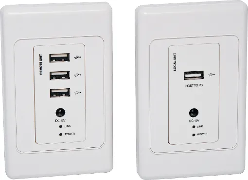 A point to point USB2.0 over UTP balun pair mounted into a wallplate for transmission of USB data between rooms. Installation is made easier via PoE, which only requires a single power source at either the receiver or transmitter end.